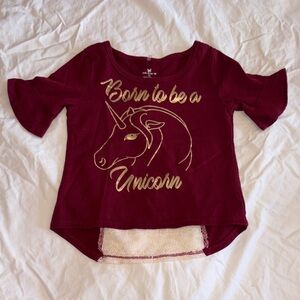 One Step Ahead Burgundy Short Sleeve Tee with Gold Unicorn Print